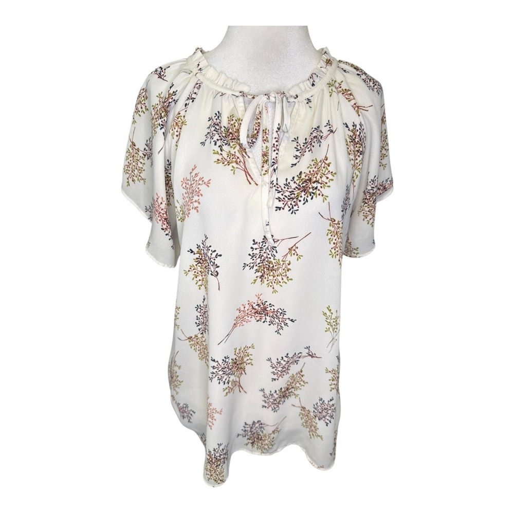 LOFT Outlet Womens Short Sleeve Floral Print Ruffled Tie Neck Top Size‎ Small